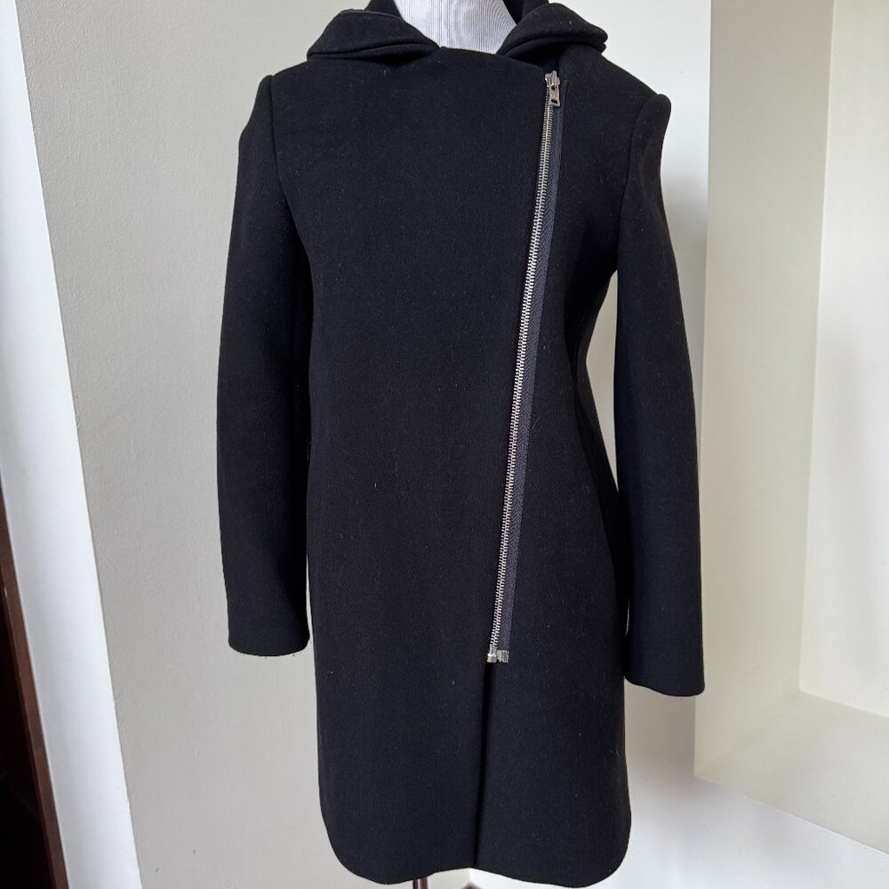 Sandro Black Wool Coat "Asymmetrical" Zipper Size 40